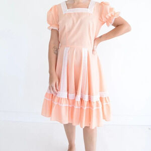 Vintage 60s Partners Please Peach White Lace Puff Sleeve Pinup Midi Dress 12